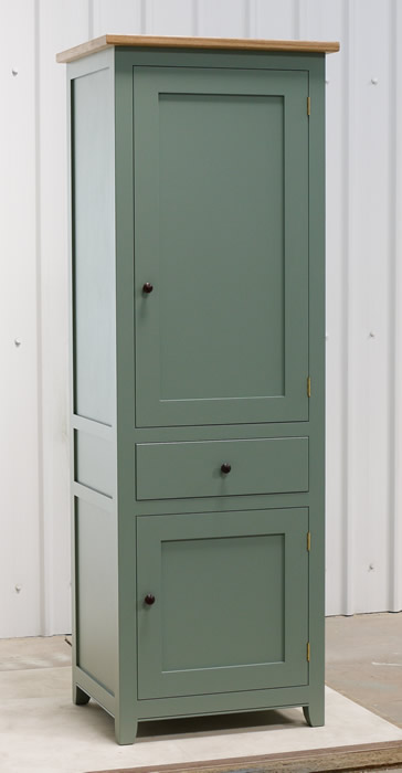 Small larder cupboard handpainted in Farrow and Ball Estate Eggshell - Castle Gray. Solid maple carcass construction with birch ply panels and shelves. Oak dovetailed drawers and oak cornice.
