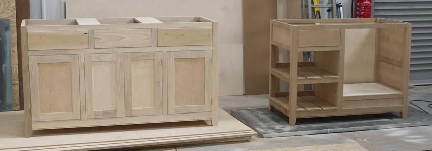 Freestanding sideboard before painting and hob and cooker unit in solid oak.