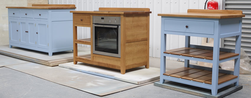 Freestanding sideboard, hob and cooker unit and slatted shelf unit.